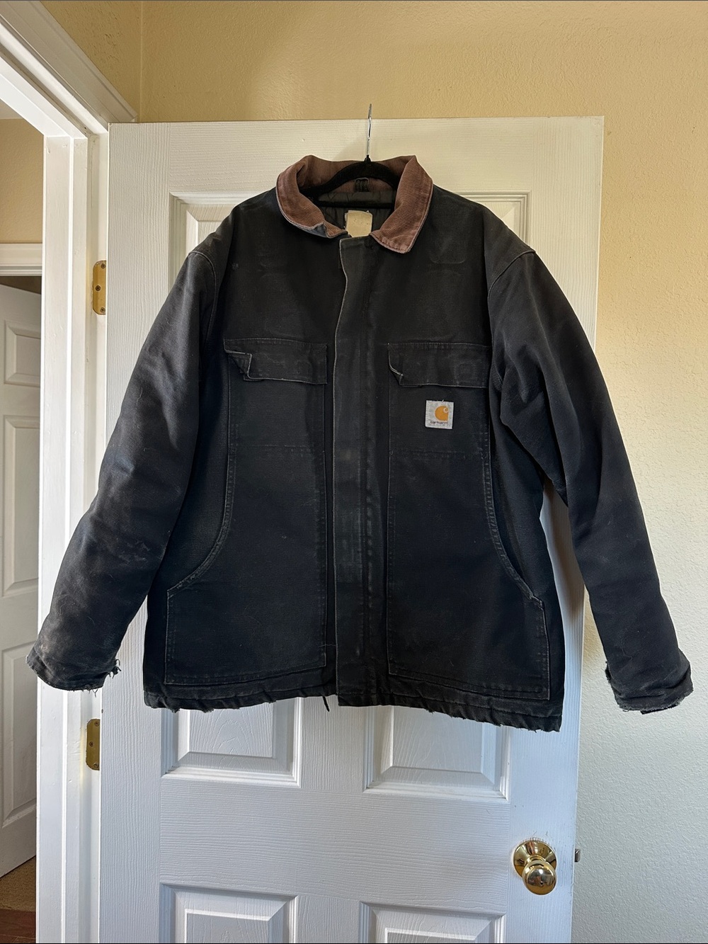 Vintage Carhartt Black Men's Work Jacket with Brown Corduroy Collar